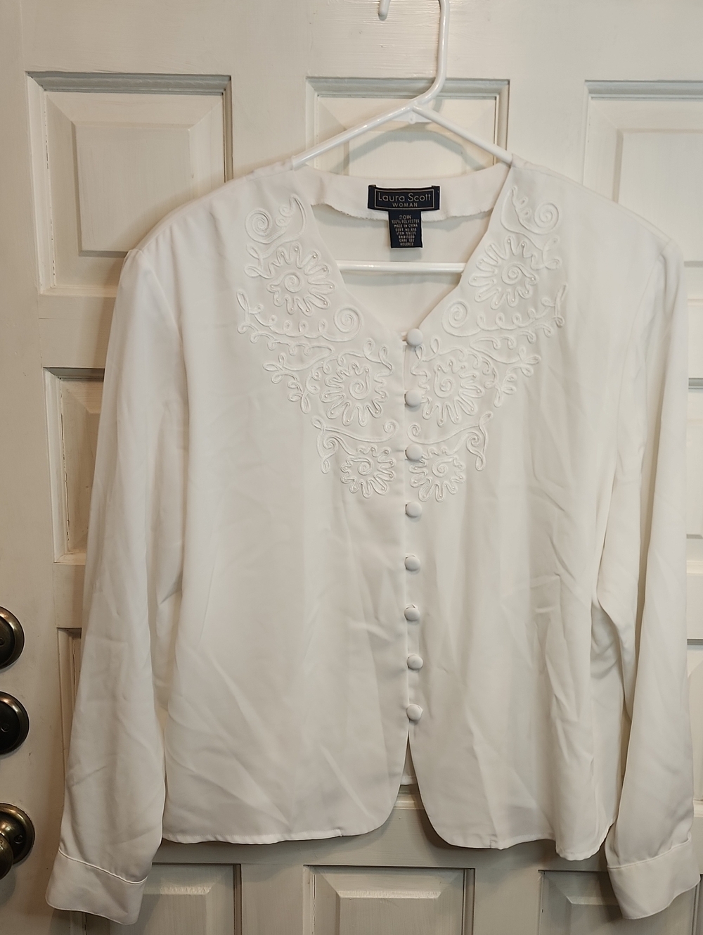 Laura Scott White Embroidered With Tiny Pearl Beads  Button-Front Women's Blouse
